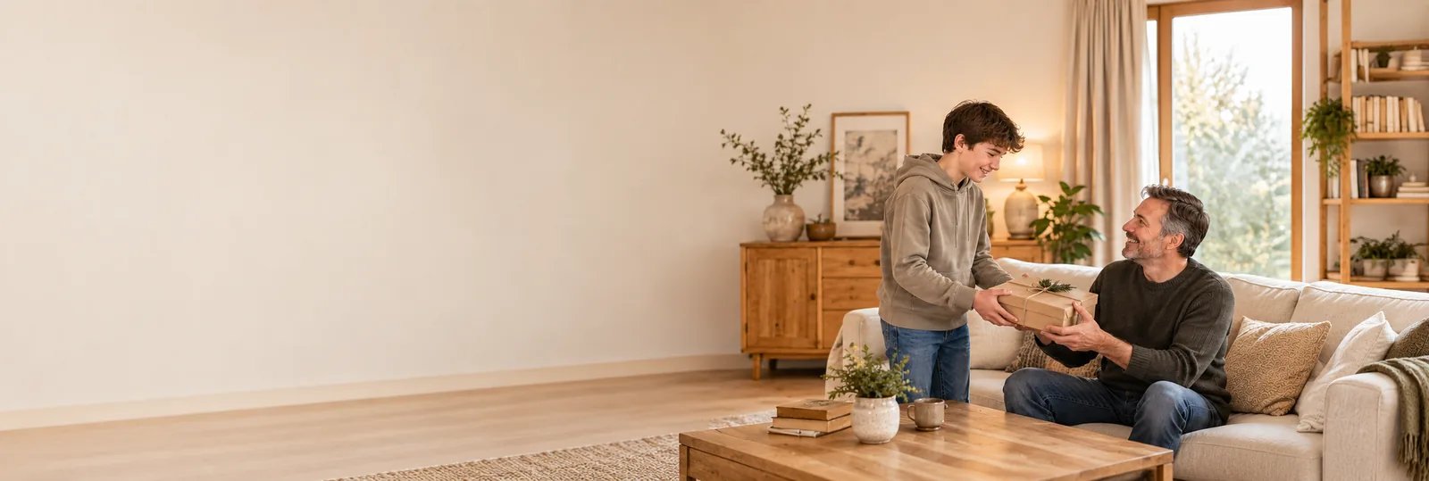 Tatínek přebírá osobní dárek od svého syna